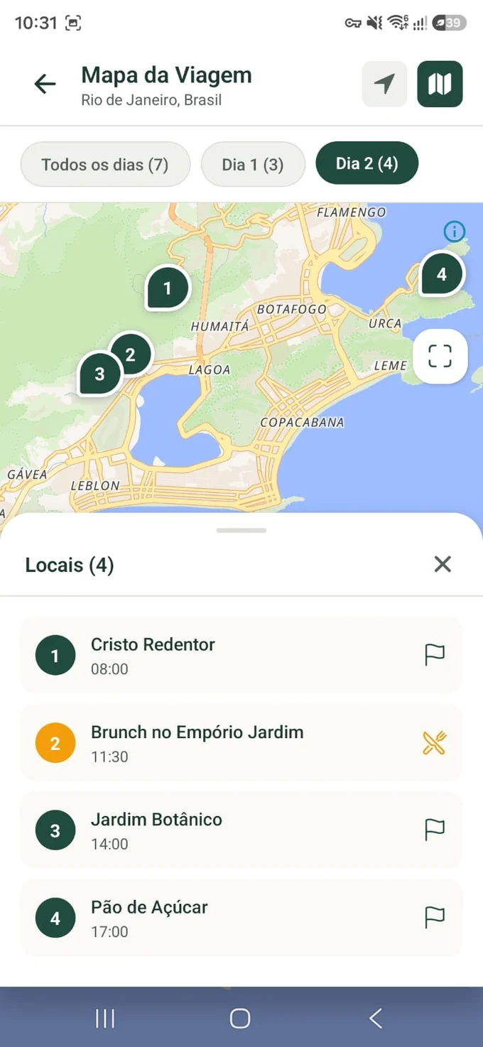 Mapa real do aplicativo, com as paradas da viagem