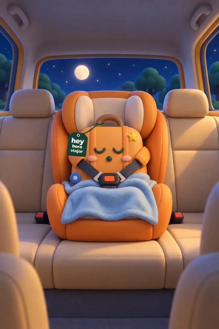 Malinha dormindo em segurança na cadeirinha do carro, sob a luz da lua.